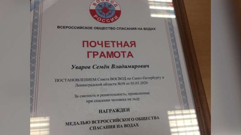 В Петербурге наградили школьника, спасшего провалившихся под лед девочку и собаку